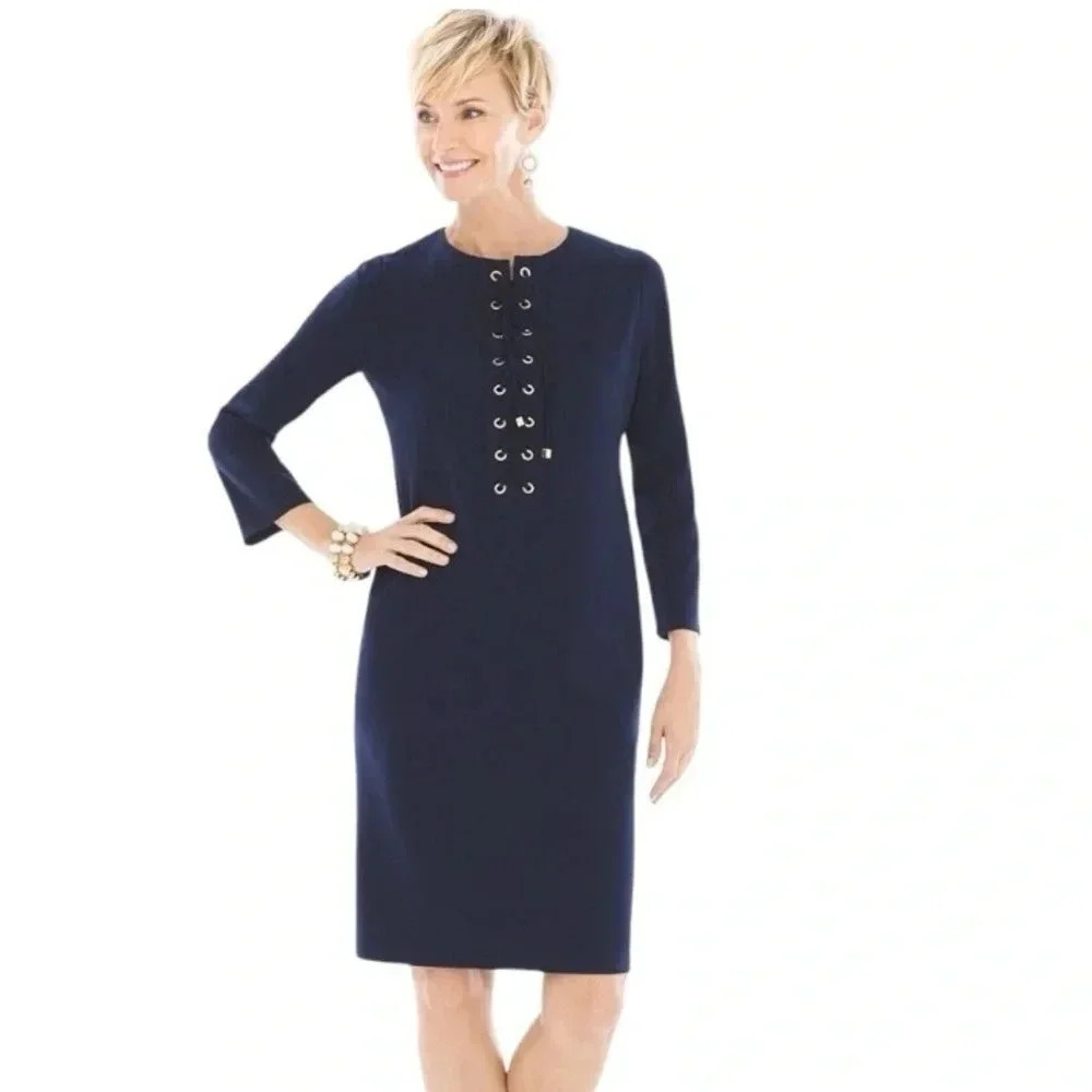 CHICO’S Women Navy Blue Ponte Lace-Up Office Siren Short Dress Size 10 Corpcore